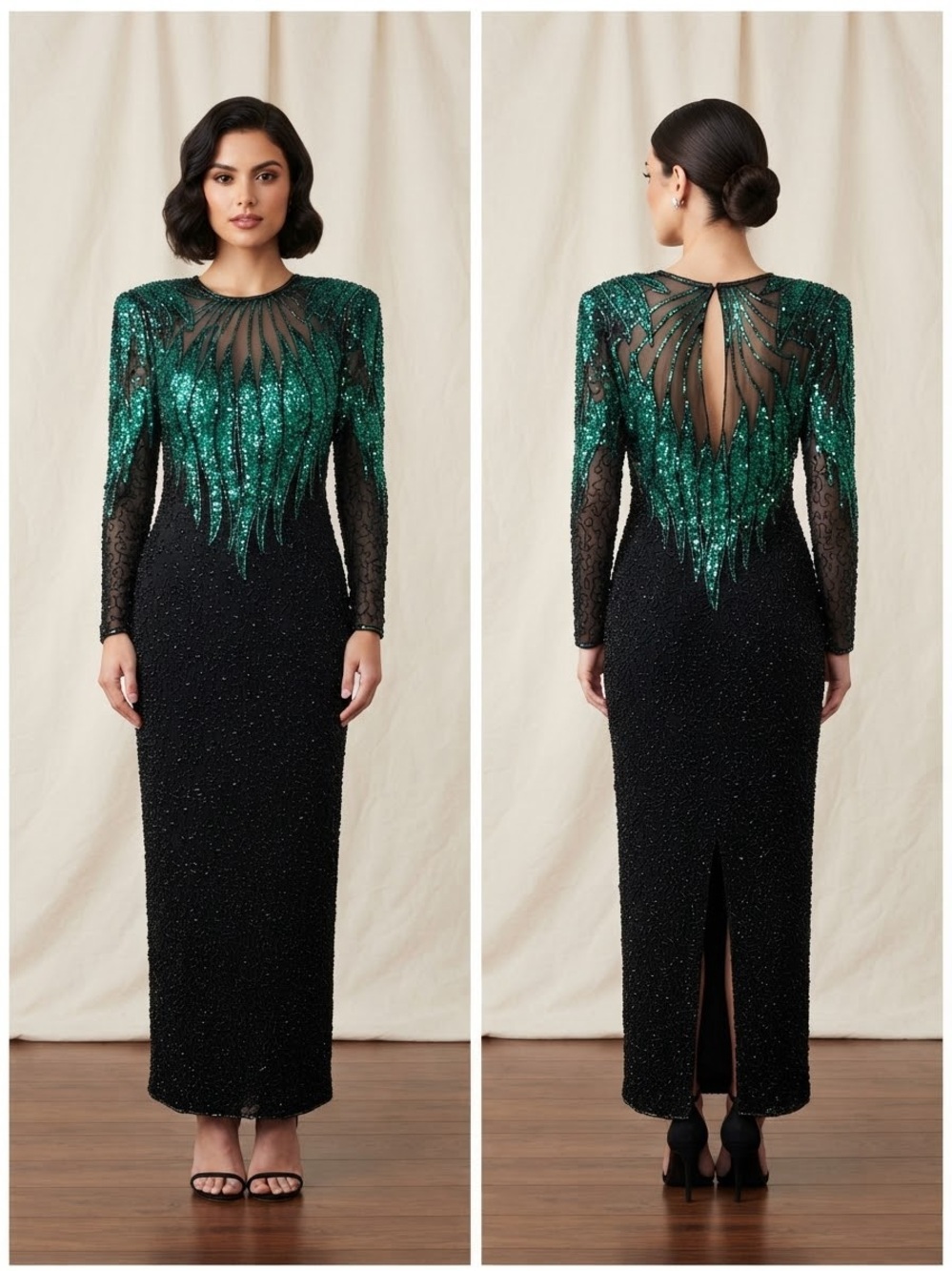 Alyce Designs Women’s 12 Black Silk Beaded Sequin Teal Green Gown Vintage Dress